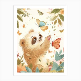 Sloth Bear Cub Playing With Butterflies Storybook Illustration 1 Art Print