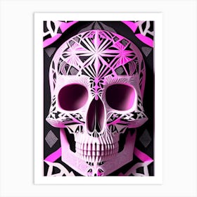 Skull With Geometric Designs 2 Pink Linocut Art Print