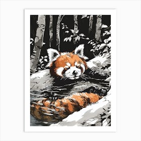Red Panda Relaxing In A Hot Spring Ink Illustration 4 Art Print