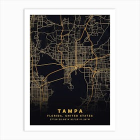 Tampa Florida USA Black And Gold Map Art Print