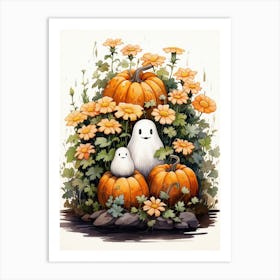 Cute Bedsheet Ghost, Botanical Halloween Watercolour 129 Art Print