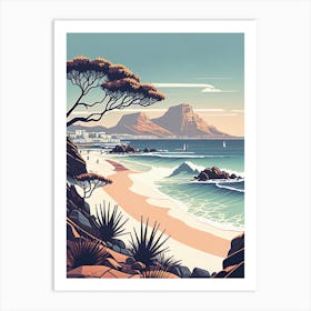 Capetown And Table Mountain In The Morning Mist - Retro Landscape Beach and Coastal Theme Travel Poster Art Print