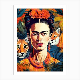 Frida  portrait illustration with wild cats Art Print