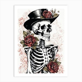 Floral Skeleton With Hat Ink Painting (51) Art Print