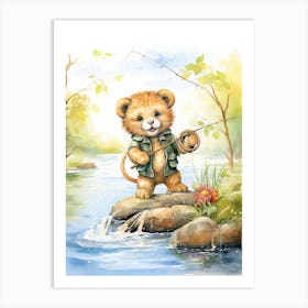 Fishing Watercolour Lion Art Painting 3 Art Print