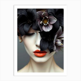 Black Flowers On A Woman'S Face Art Print