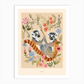 Folksy Floral Animal Drawing Lemur 2 Poster Art Print