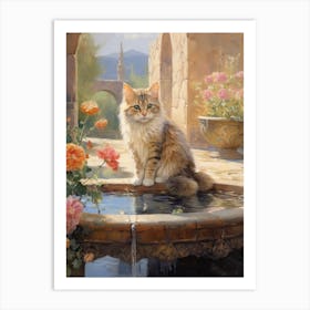 Medieval Cat Romantesque Style Sat On The Fountain Of A Monestary Art Print