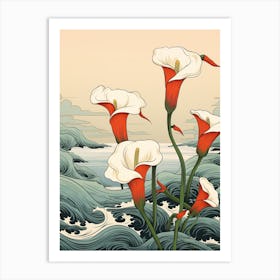 Great Wave With Calla Lily Flower Drawing In The Style Of Ukiyo E 4 Art Print