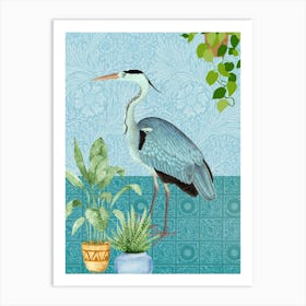 Blue Heron with Houseplants Art Print