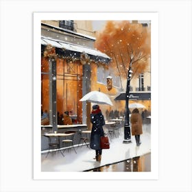 Paris cafes, winter season, Christmas, autumn oil colors, pale colors, pedestrians in the street, winter clothes, falling snow.Christmas decorations.6 2 Art Print