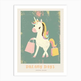 Pastel Storybook Style Unicorn With Shopping Bags 2 Poster Art Print