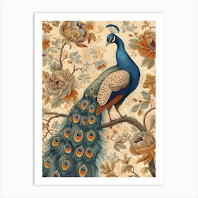 Vintage Sepia Peacock In A Floral Tree Wallpaper Inspired 1 Art Print