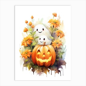 Cute Ghost With Pumpkins Halloween Watercolour 89 Art Print