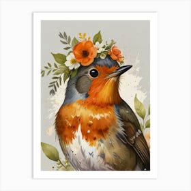 Robin With Flower Crown2 Style Watercolor Art Print