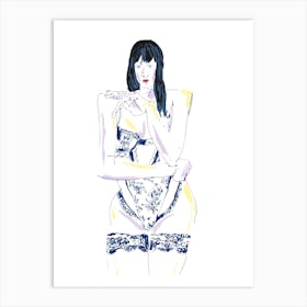 Girl In Lingerie White Art Print