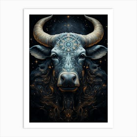 A Bull With Longhorns In A Night Sky With Stars Art Print