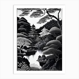 Kenrokuen, 1, Japan Linocut Black And White Vintage Art Print