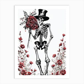 Floral Skeleton With Hat Ink Painting (94) Art Print