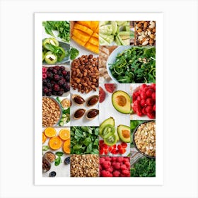 A Collage Of Various Fresh Foods Highlighting Nutritional Balance Vibrant Greens Like Spinach And K Art Print