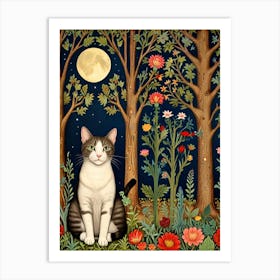 William Morris Style Cat In The Forest 2 Art Print