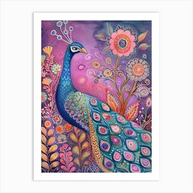 Folky Floral Peacock With The Plants 4 Art Print
