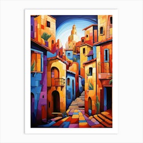 Streets of Fairytale III, Abstract Vibrant Colorful Painting in Cubism Style Art Print