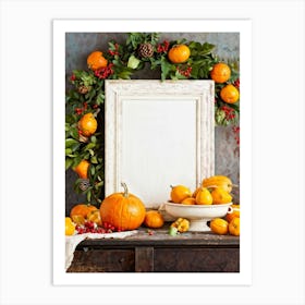 A Captivating Autumnal Scene Showcasing Ripe Oranges And Vibrant Pumpkins Resting On A Rustic Table (2) Art Print