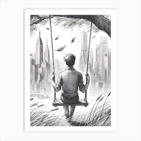 Moody Man on Swing Sketch Art Print