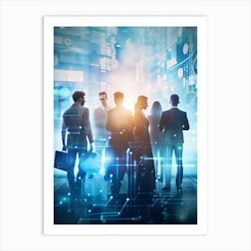 Silhouettes Of Business Professionals Against A Backdrop Of A Futuristic City With Glowing Lines, Data Streams, And Graphs Art Print