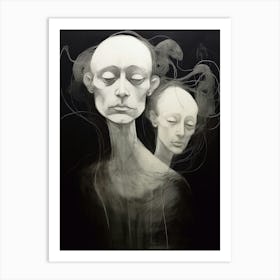 Swirl Line Drawing Of Two Faces Black & White 1 Art Print
