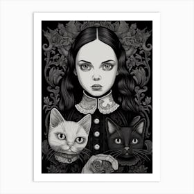 Wednesday Addams And A Cat Line Art Noveau 1 Fan Art Art Print