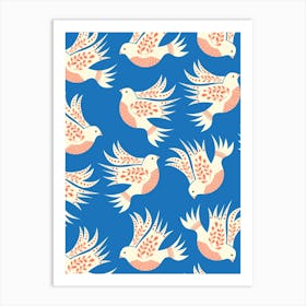 Folk Art Christmas White Doves on Royal Blue Art Print