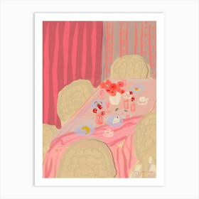 Rosé Table, Pink Table With Vase Of Flowers Art Print