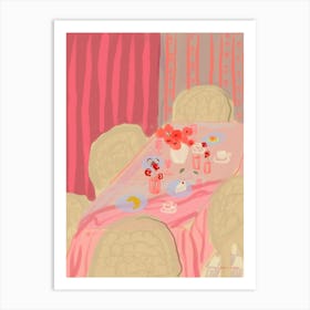 Pink Table With Vase Of Flowers Set For Brunch Art Print