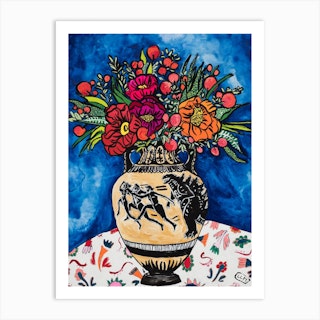 Godzilla Interruption On Grecian Urn With Peony Bouquet Floral Still Life Painting Art Print