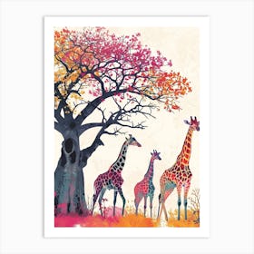 Giraffe Herd Under The Tree Watercolour 3 Art Print