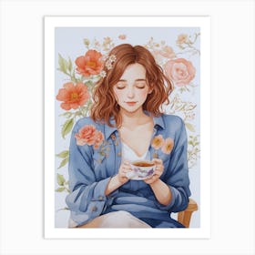 Girl Drinking Tea Art Print