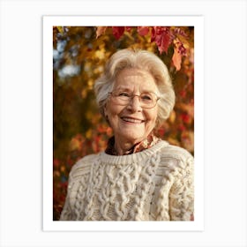 Elderly Woman Smiles Surrounded By A Vibrant Array Of Fall Foliage Golden And Crimson Leaves Frame (2) Art Print