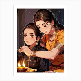 Two Women Lighting A Candle Art Print