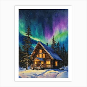 The Northern Lights - Aurora Borealis Rainbow Winter Snow Scene of Lapland Iceland Finland Norway Sweden Forest Lake Watercolor Beautiful Celestial Artwork for Home Gallery Wall Magical Etheral Dreamy Traditional Christmas Greeting Card Painting of Heavenly Fairylights 13 Art Print