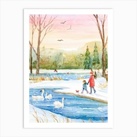 Watercolor Illustration Of A Serene Siberian Park In Winter Featuring A Tranquil Frozen Lake With A (1) Art Print