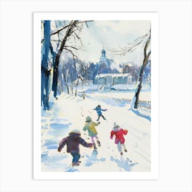 Children Playing In The Snow. Gouache City Landscape Art Print