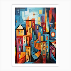 Old Town at Night, Vibrant Colorful Abstract Painting in Cubism Style Art Print