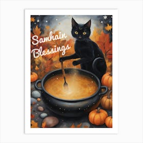 Samhain Blessings ~ Black Cat Stirring Pumpkin Soup on Halloween by Sarah Valentine Art Print