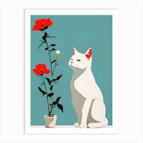 Cat With Red Flowers Art Print