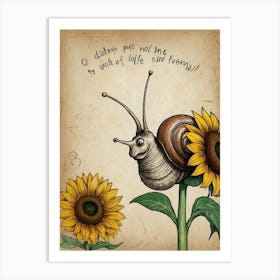 Snail With Sunflowers Art Print