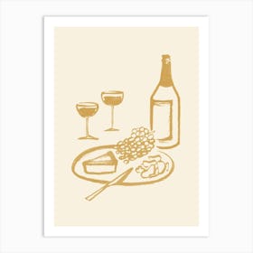 Wine and Cheese Aperitif Kitchen Illustration - Beige Art Print