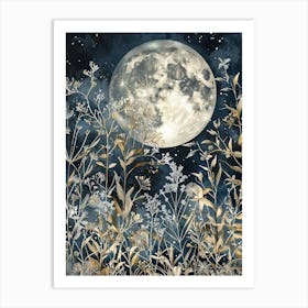 William Morris Full Moon Night Flowers Vintage  Art Print