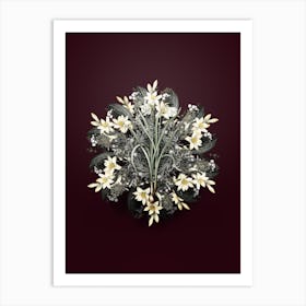 Vintage Narcissus Candidissimus Flower Wreath on Wine Red n.0200 Art Print